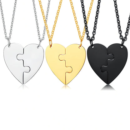 Heart-shaped titanium steel friendship pendant set in silver, gold, black with optional 51-80cm chain, rust-resistant two-piece unisex jewellery