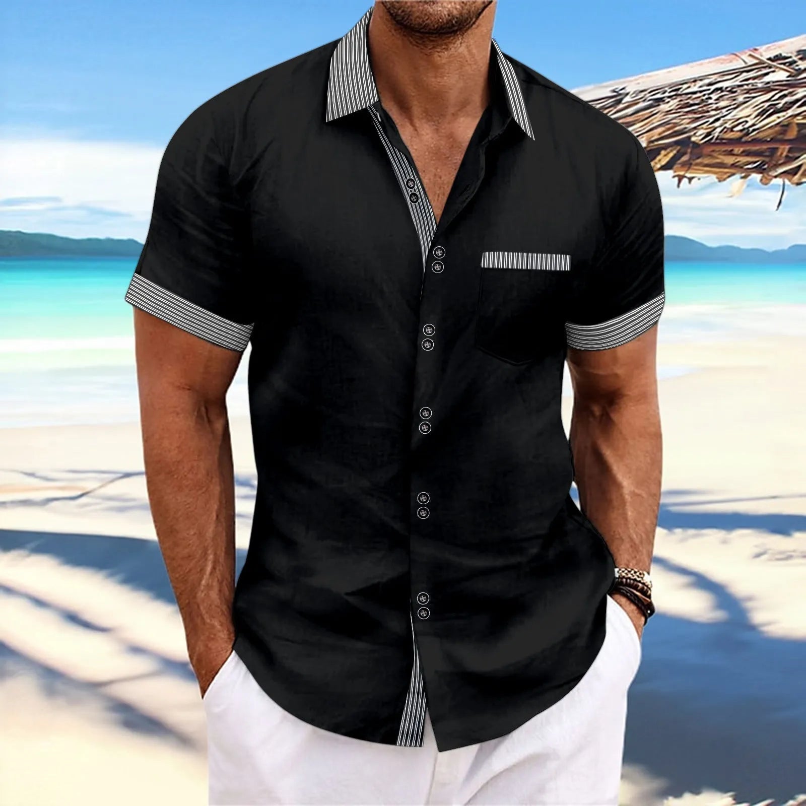 Men's slim fit pure cotton striped casual shirt with short sleeves and double button front