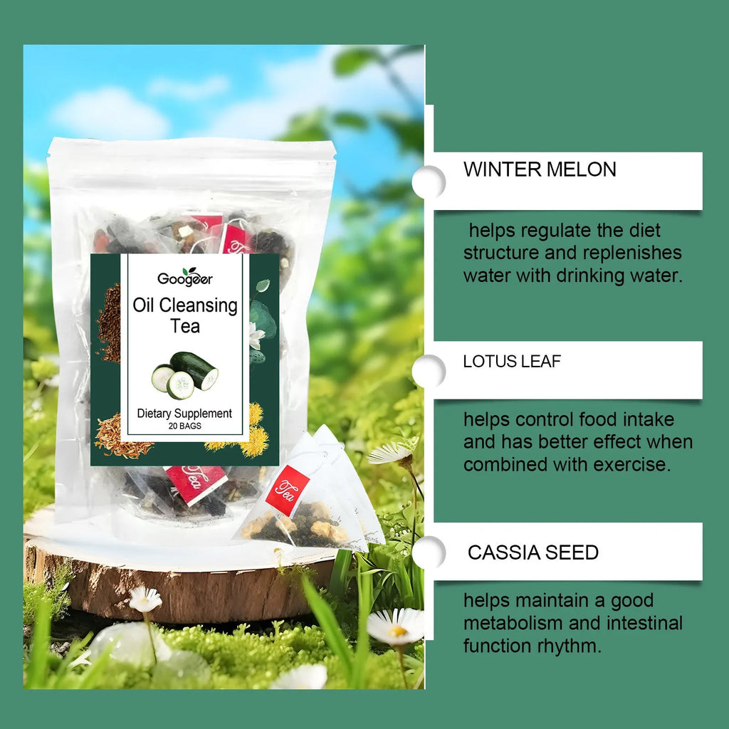 Googeer oil cleansing herbal tea pack with 20 individual tea bags containing wax gourd lotus leaf blend
