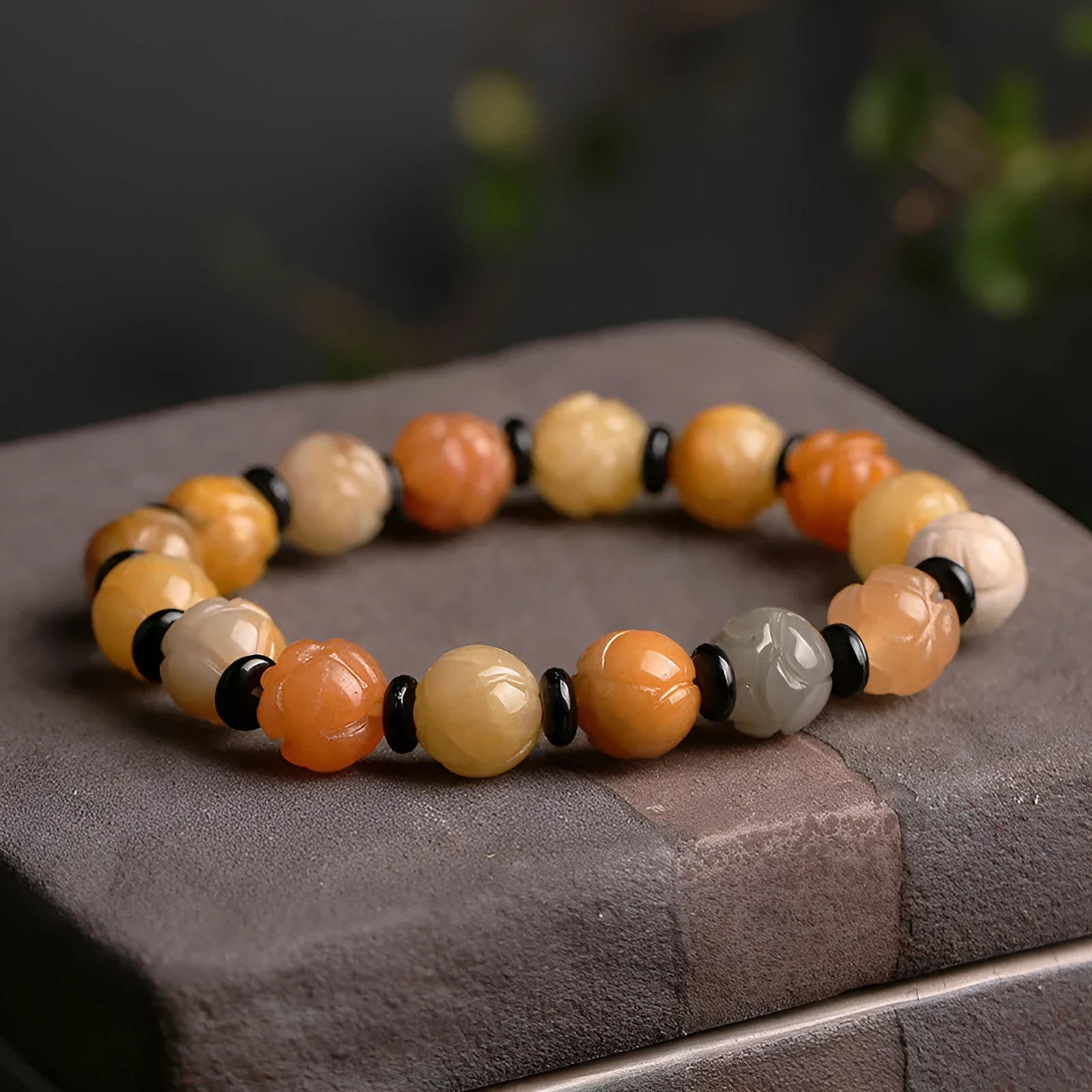 Hetian Natural Jinsi Jade pumpkin beads bracelet with geometric design and lotus beads