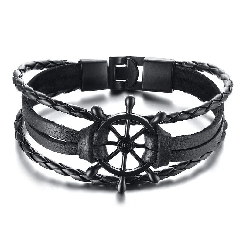 Alloy lucky figure 8 leather bracelet with adjustable leather strap and stainless steel accents