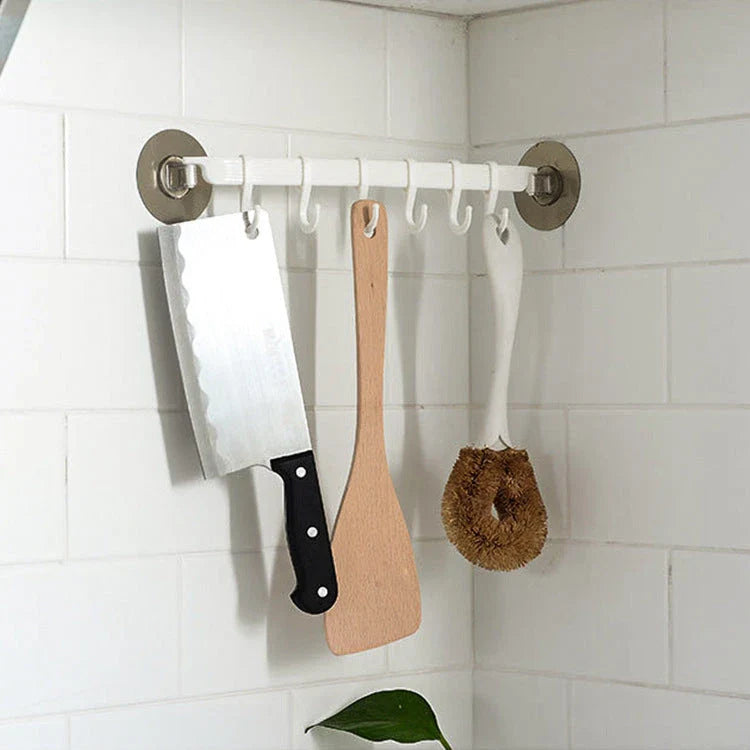 Stylish adhesive wall hooks with six rotating links for seamless, nail-free storage in the kitchen, bathroom, or any room of the Kiwi home