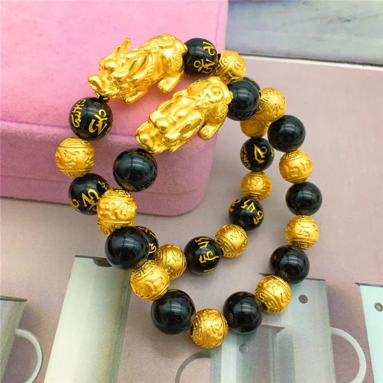 Vietnamese sand gold gold-plated brave bracelet with black beads, unisex design