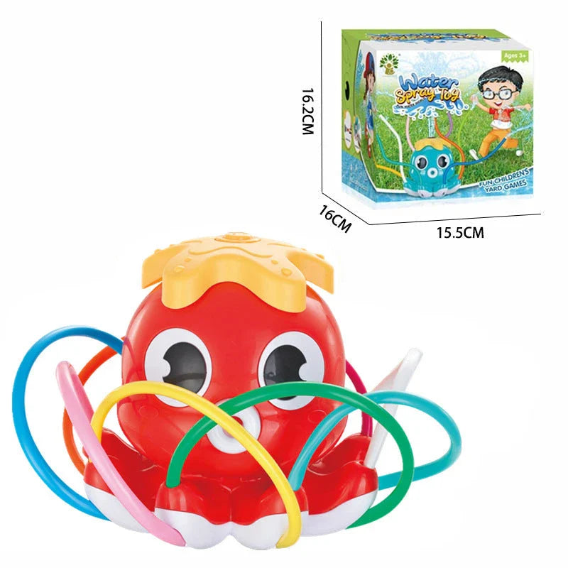 Colorful outdoor sprinkler toy with various water spray designs for backyard summer fun