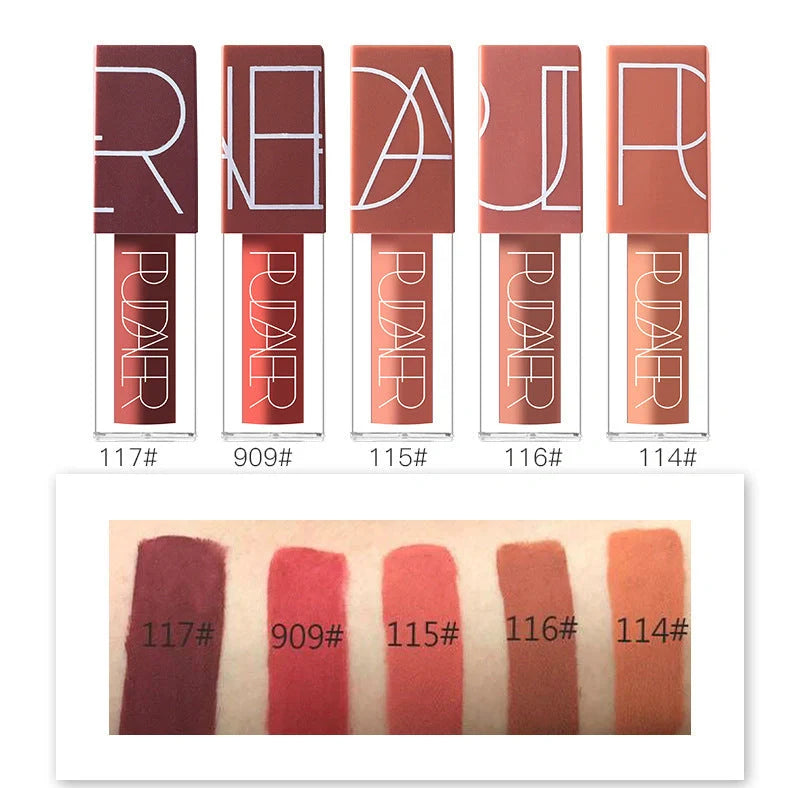 Velvet liquid lipstick with matte finish, 2.1cm diameter, 8.3cm length, five nude shade options