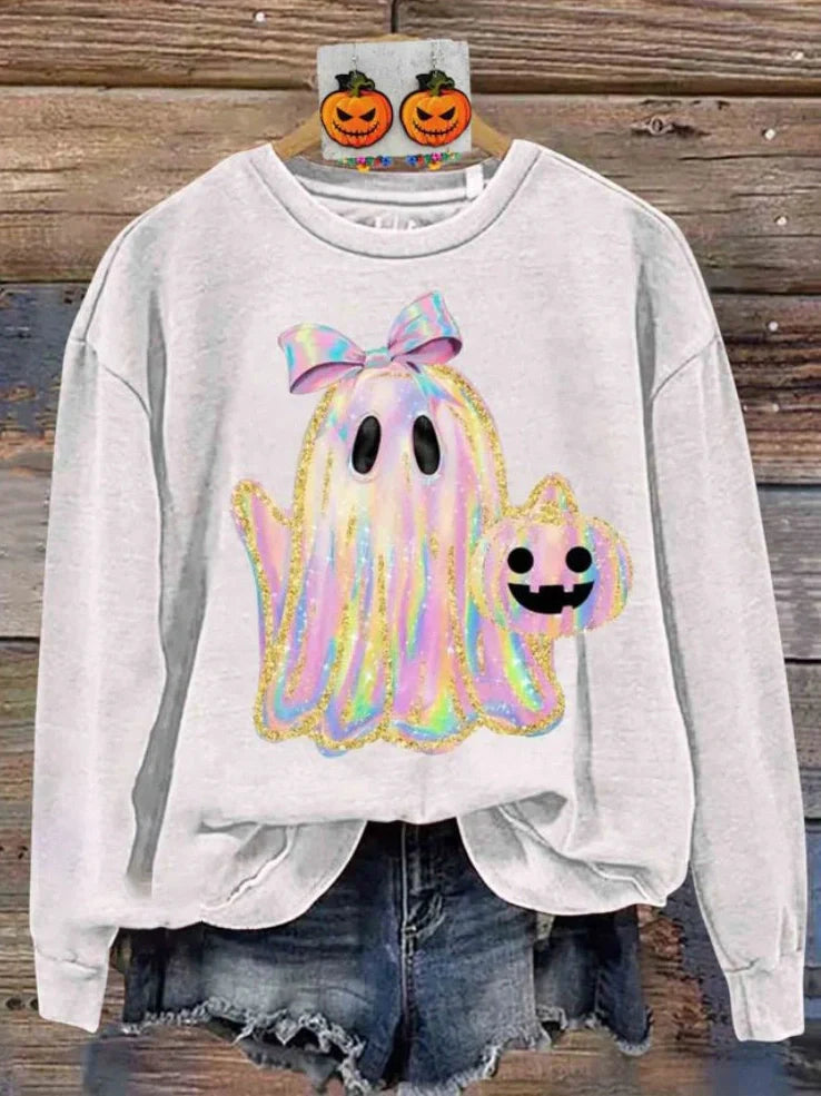 Women's grey Halloween sweatshirt with raised orange pumpkin 3D print, crew neck, long sleeves