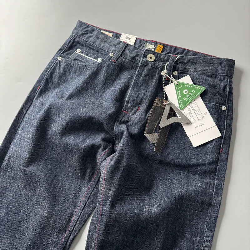 Men's straight leg denim trousers in primary colour with American retro style and mid waist fit.