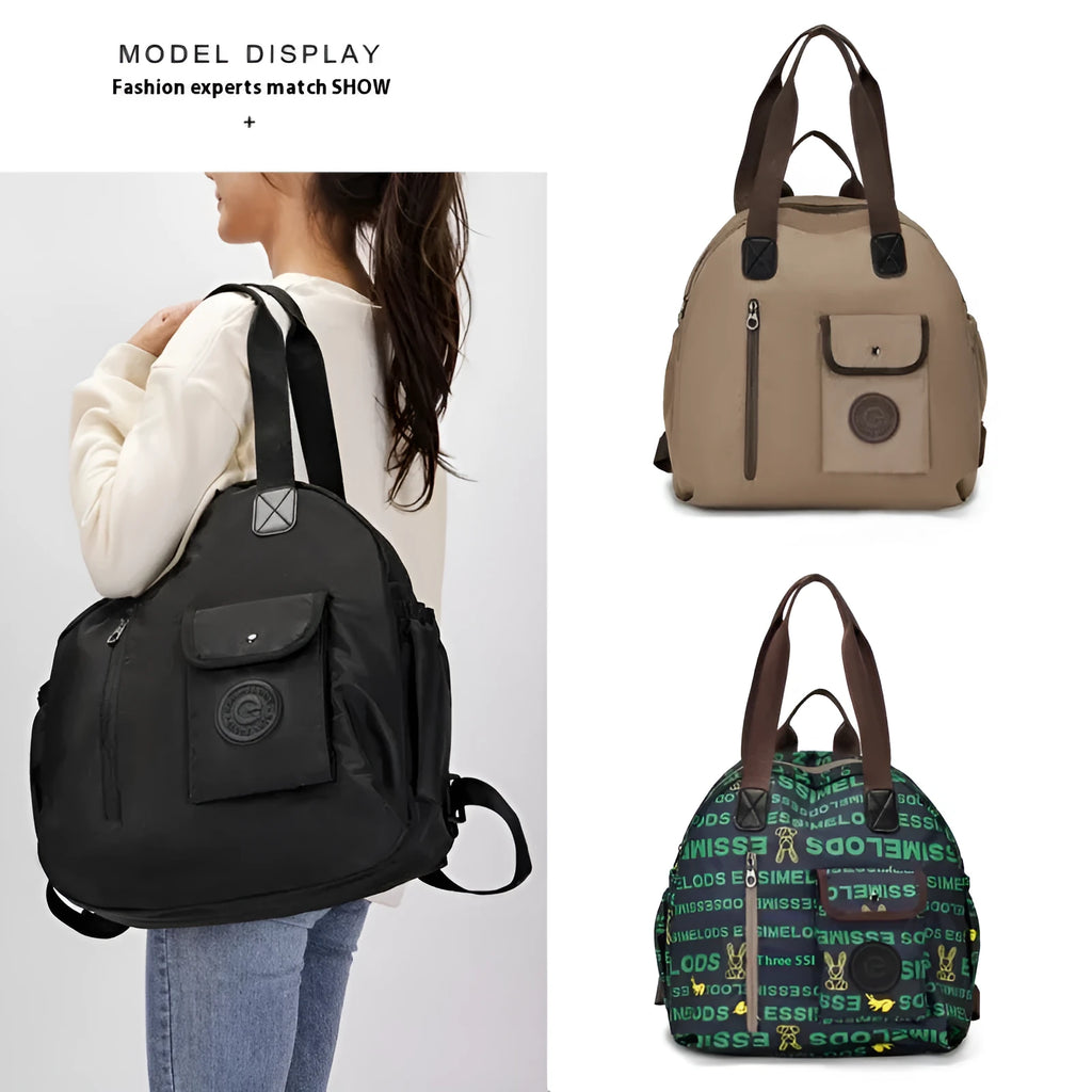 Large lightweight nylon backpack in khaki colour showing front sandwich pockets.