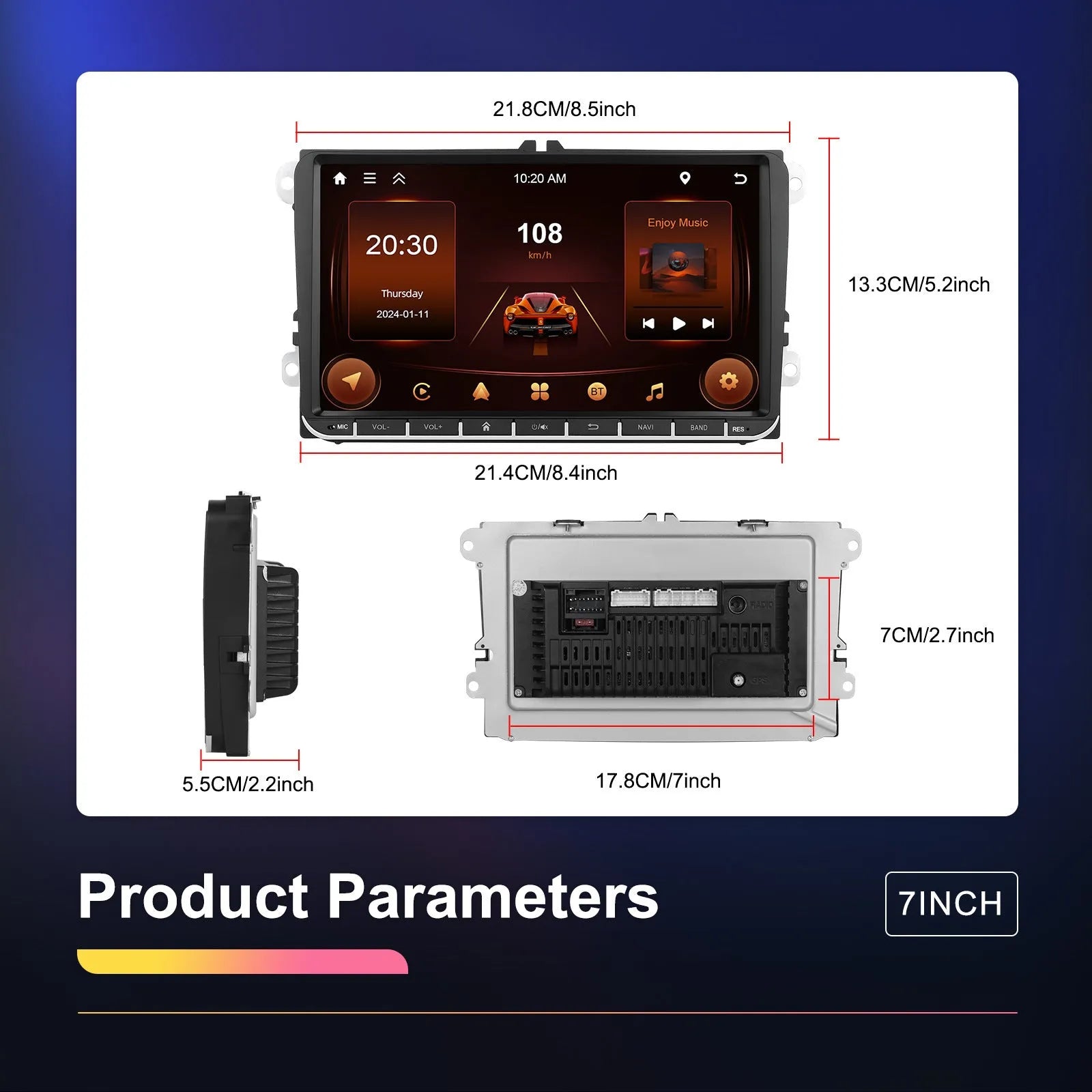 7-inch Android car stereo for Volkswagen with wireless CarPlay and touchscreen display