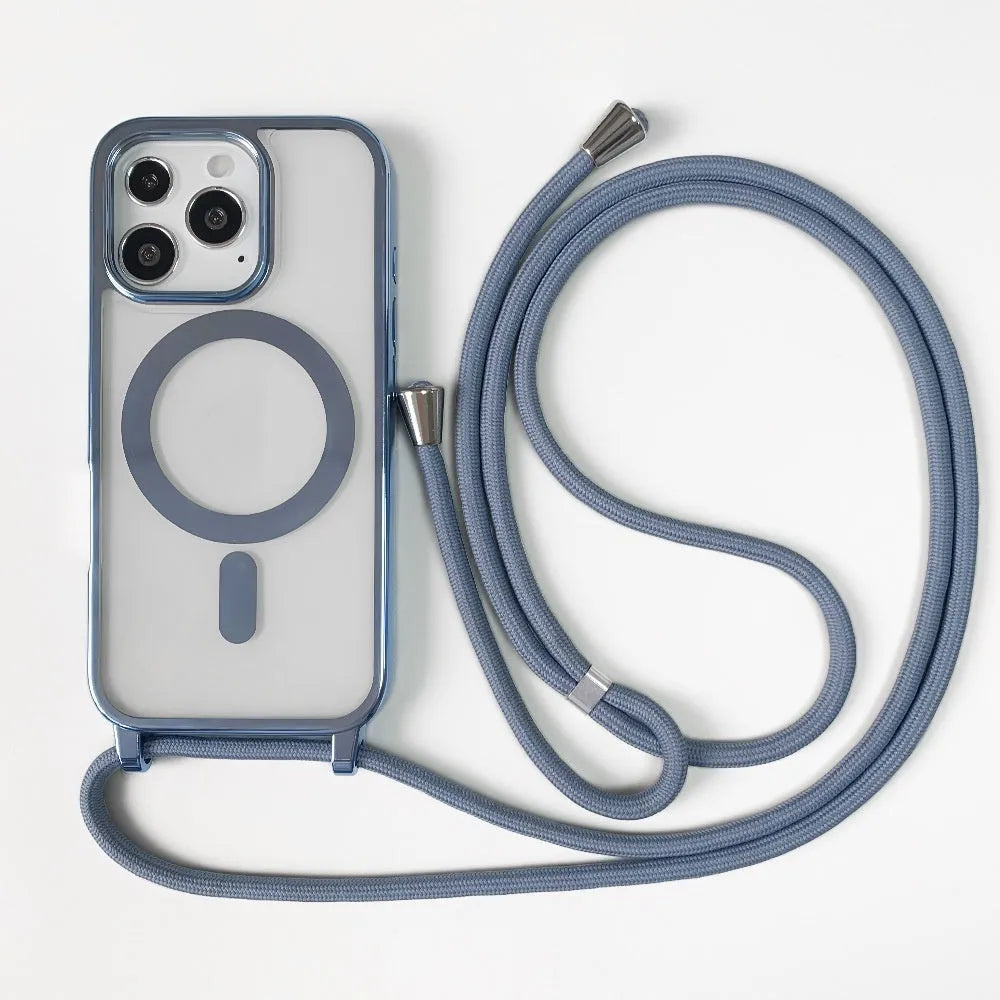 Transparent magnetic lanyard phone case for iPhone with black lanyard, TPU shockproof material, electroplating finish