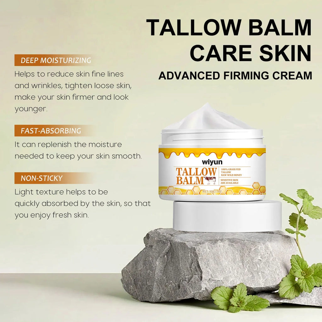 30g anti-wrinkle moisturising skincare cream jar with tallow, honey, vitamin E, and glycerin on white background