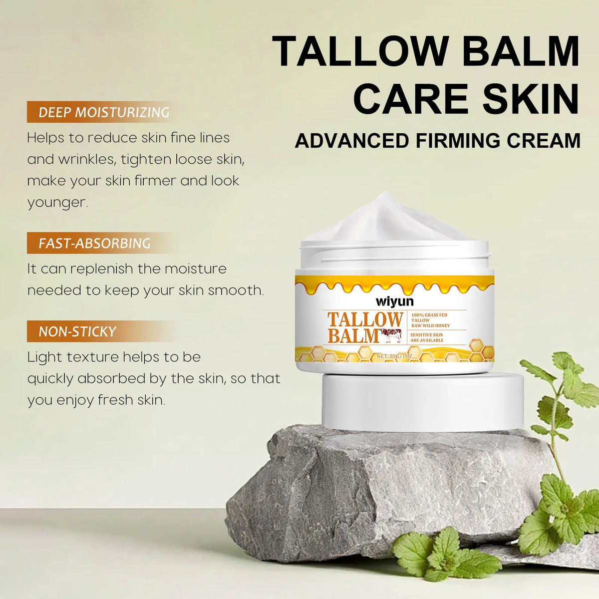 30g anti-wrinkle moisturising skincare cream jar with tallow, honey, vitamin E, and glycerin on white background