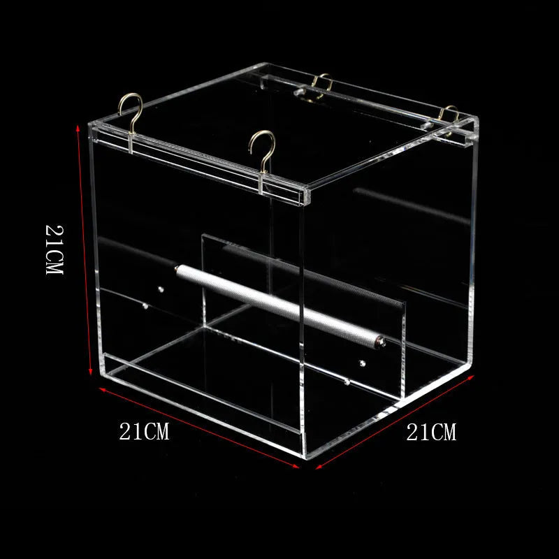 Clear acrylic bird feeder food box for parrots, non-toxic, small size 13x11x13cm