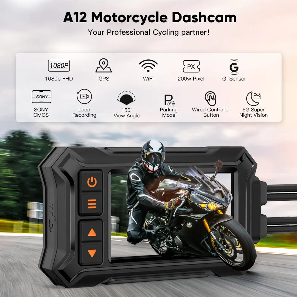 Motorcycle dash camera with 3-inch screen and dual lenses for front and rear recording