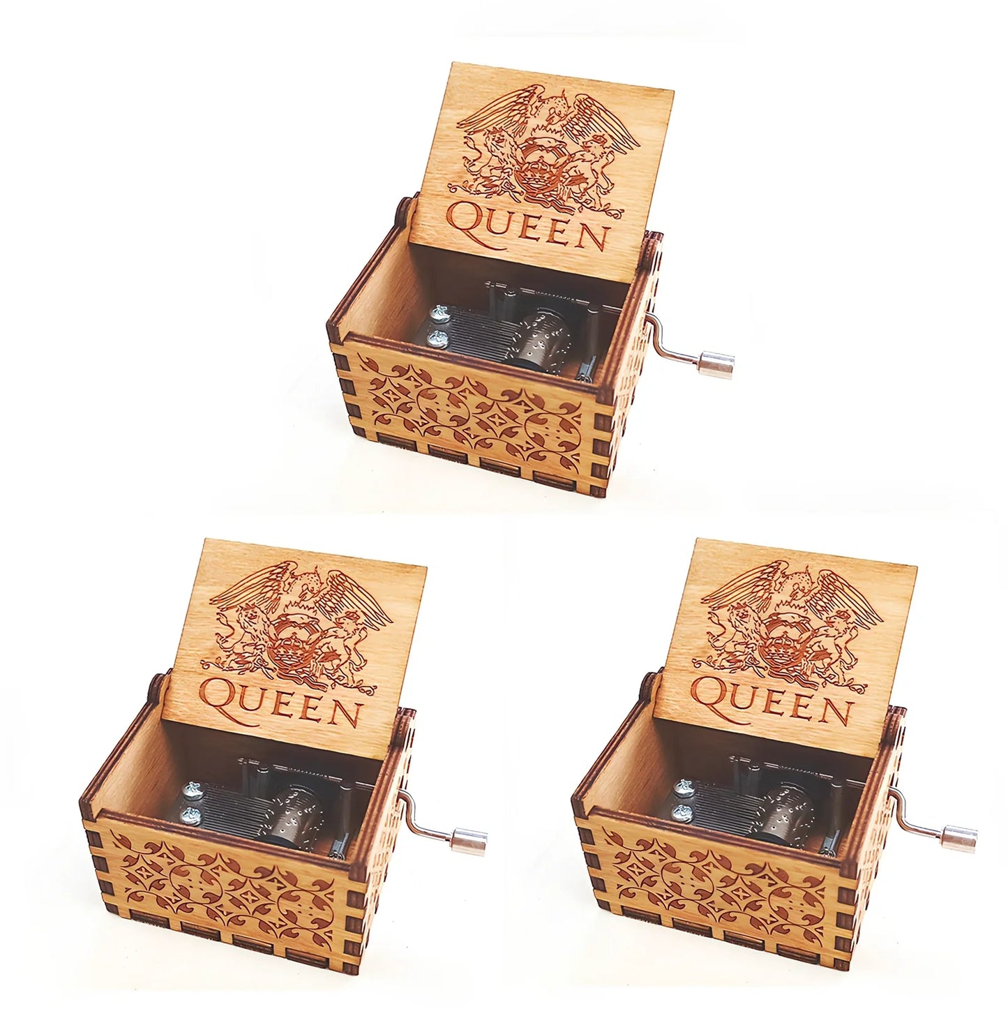 Antique boxwood music box with hand crank and yin carved Spirited Away landscape flowers, 10 cm tall wooden decoration