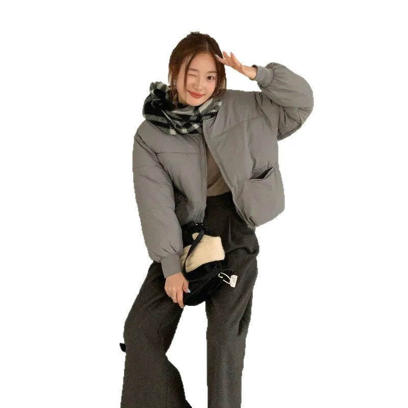Gray short down jacket for plus size women loose fit with pockets long sleeves