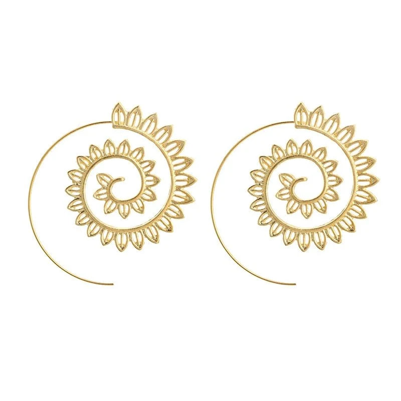 Gold spiral drop earrings with geometric design for women