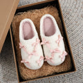 Women's cute bow slippers with thickened plush upper and artificial wool inner, in white, flat heel style