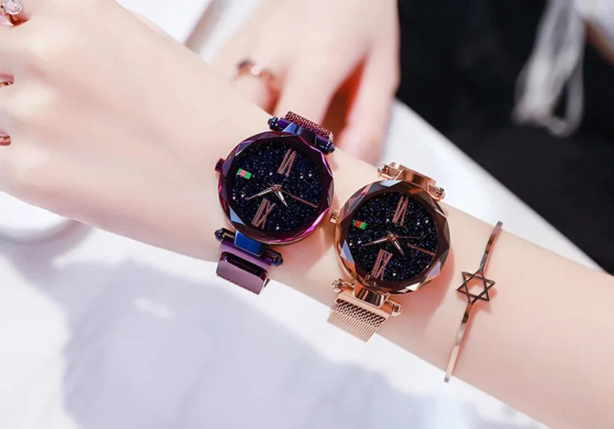 Starry Sky women's watch with magnetic mesh strap, alloy case, and glass surface, 34mm diameter