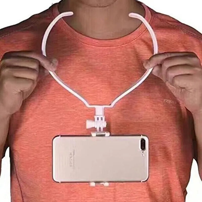 Black wearable neck phone holder showing adjustable angle and flexible ring for comfort.