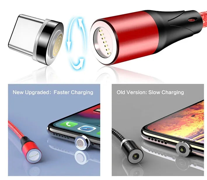 Black magnetic USB charging cable with LED light, compatible with Apple iPhone and Android phones