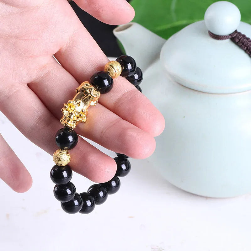 Imitation obsidian 18K gold-tone bracelet with six brave words engraving and little pearl accent