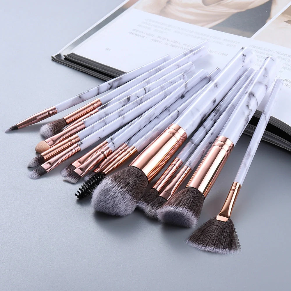15-piece marbled design makeup brushes set with nylon bristles and wooden handles