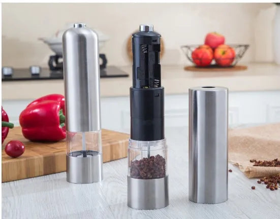 Silver electric salt and pepper grinder set stainless steel and acrylic glass 22.3cm tall