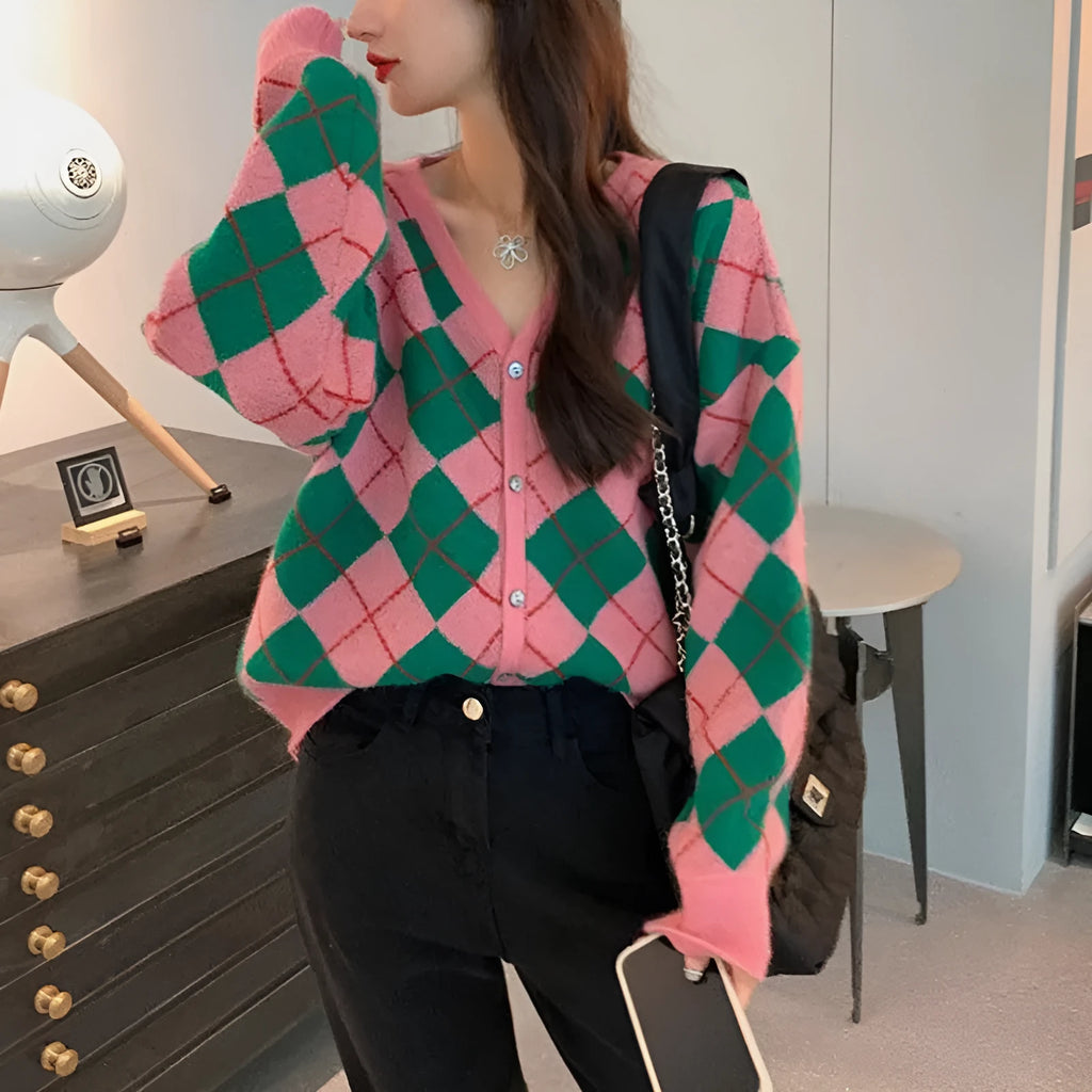 Knitted casual cardigan in acrylic fabric showing pink, green, black, and khaki colour options