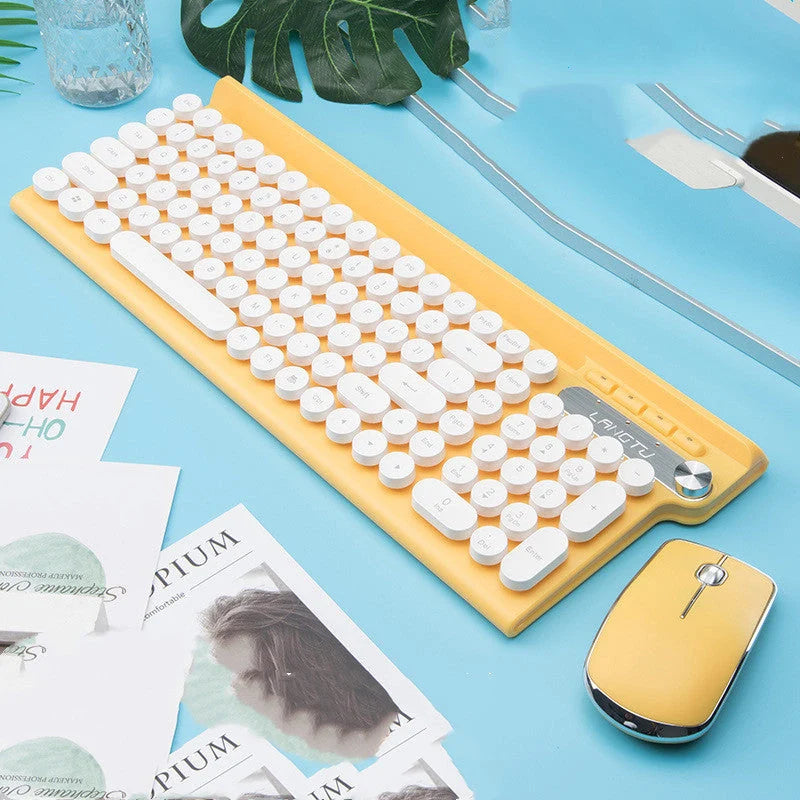 Ergonomic wireless keyboard and mouse set with charging capability, available in yellow, black, and green.