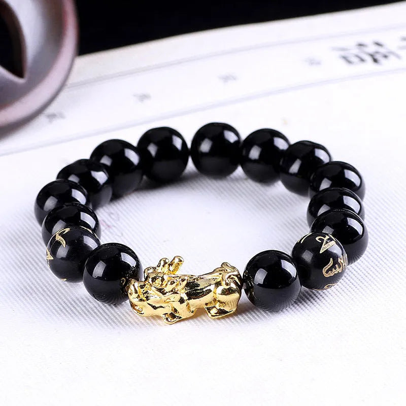 Imitation obsidian 18K gold-tone bracelet with six brave words engraving and little pearl accent