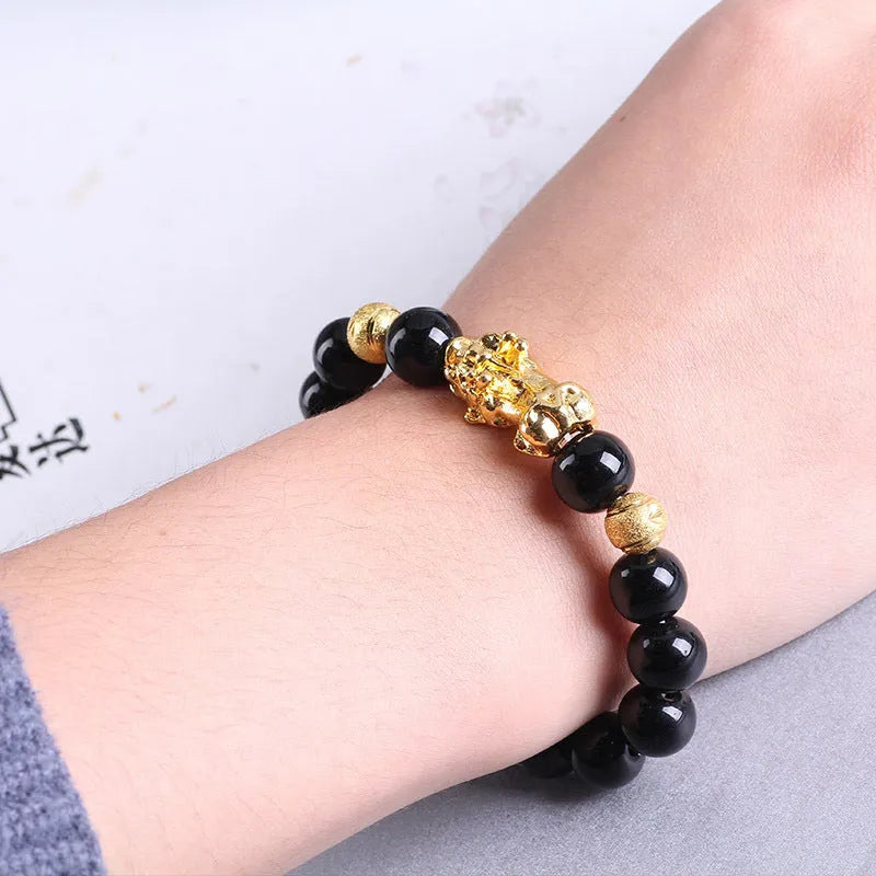 Imitation obsidian 18K gold-tone bracelet with six brave words engraving and little pearl accent