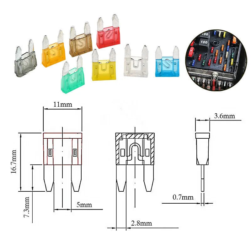 120 pieces of small car fuses in assorted colours with transparent housing for easy inspection
