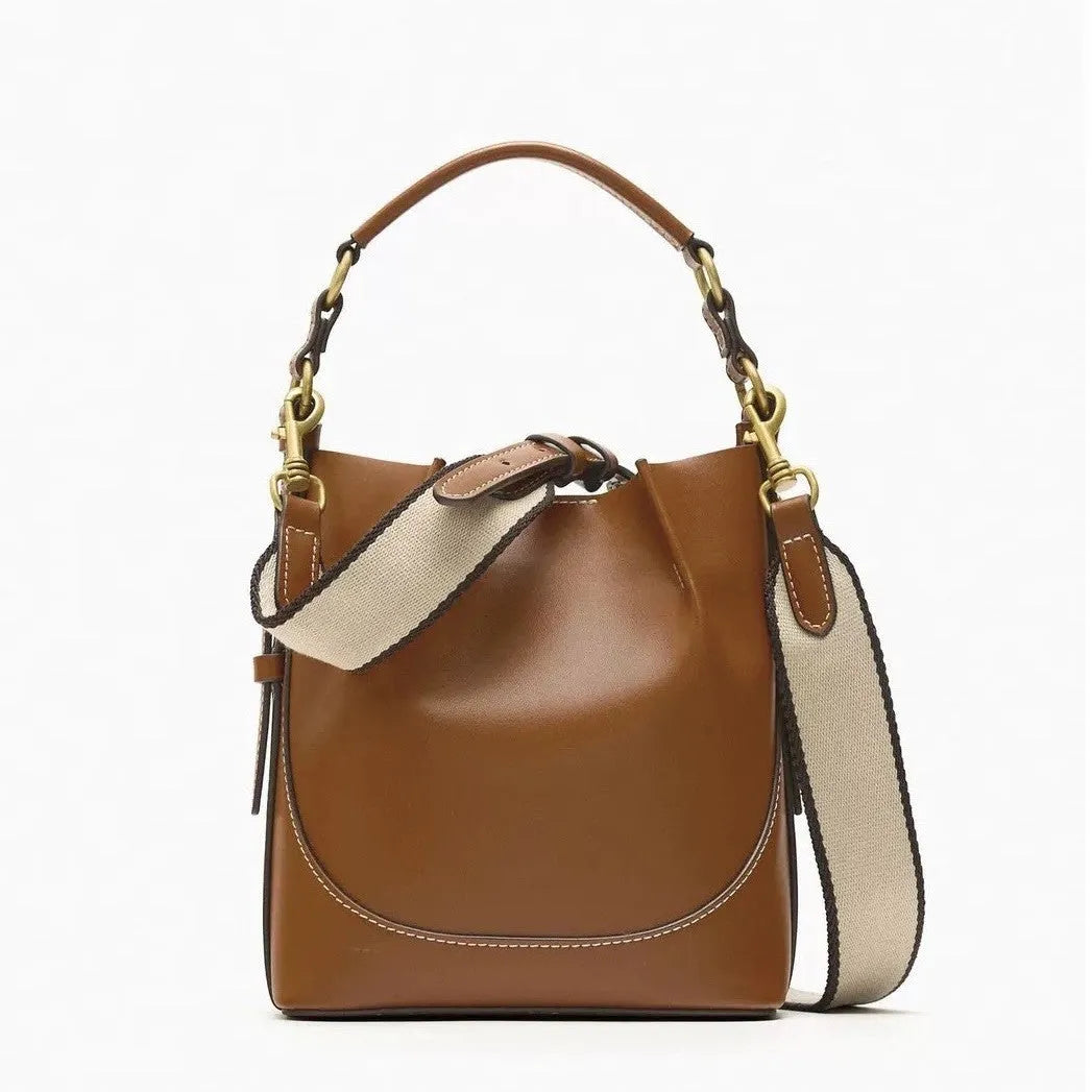 Fashion drawstring canvas contrast colour casual one-shoulder bucket bag in black with PU lining and double straps