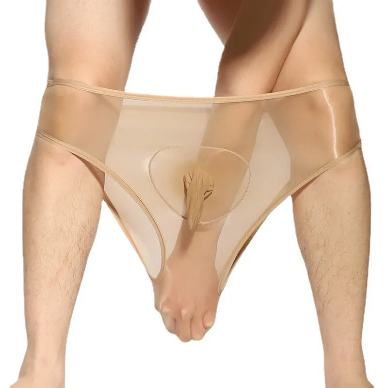 Men's shiny transparent nylon briefs with bullet separation, shown in multiple colour options.