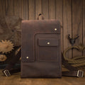 Dark brown genuine leather men's travel bag with retro style, showing three-dimensional pockets and shoulder straps.