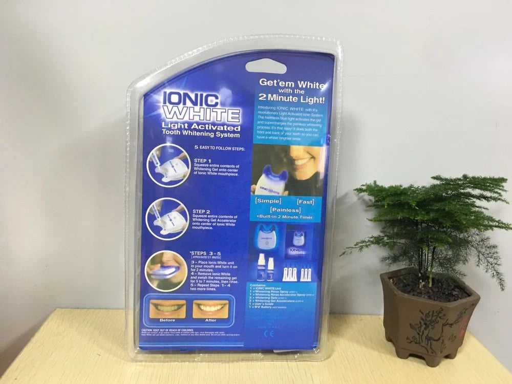 Cold light teeth whitening device with medical polymer construction for stain removal