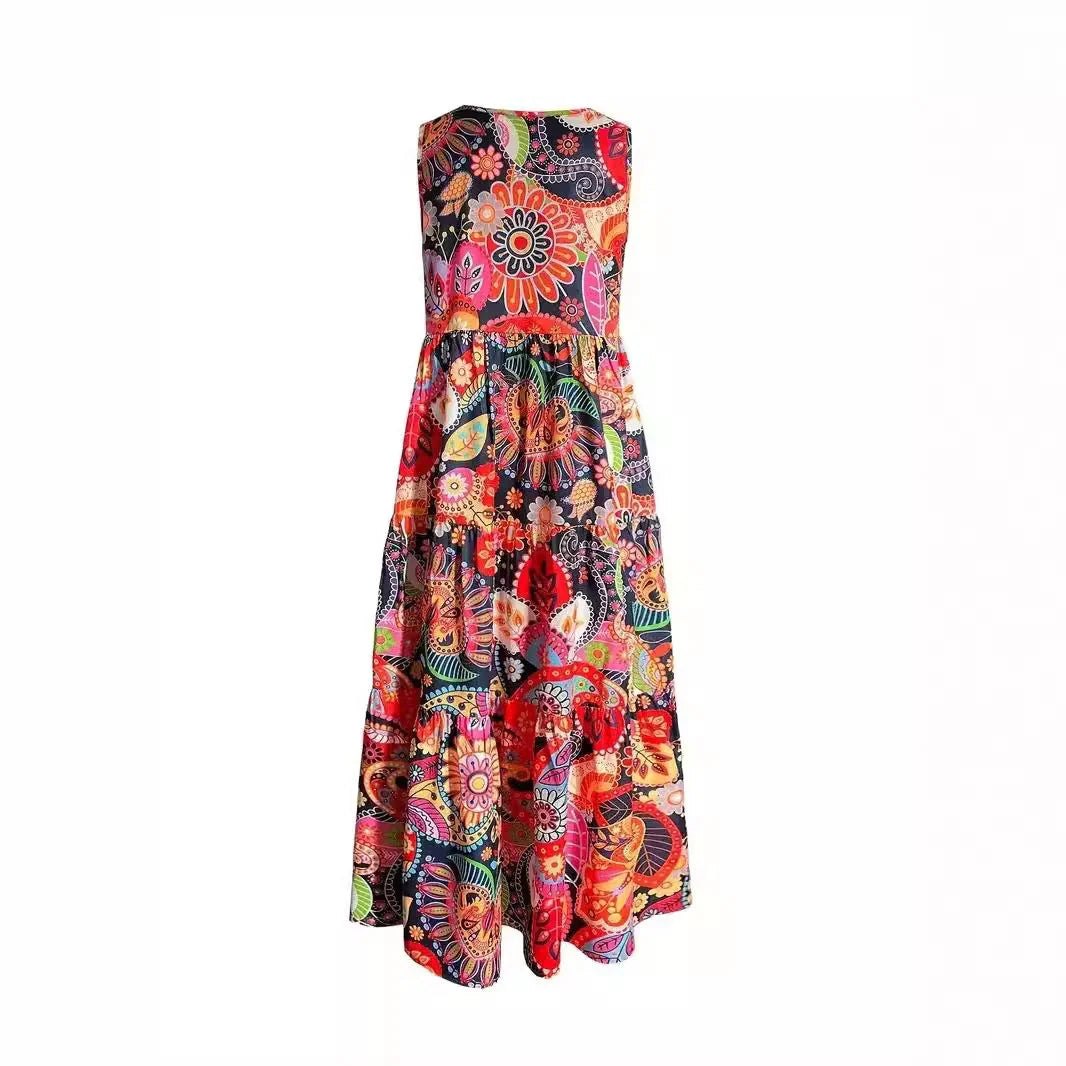 Stylish Women's Floral V-neck Swing Dress in vibrant orange red, perfect for summer outings.
