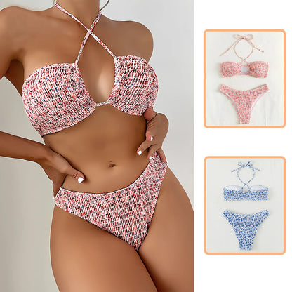 Women's summer flowers print pleated halter neck bikini set in blue or pink with Asian sizing
