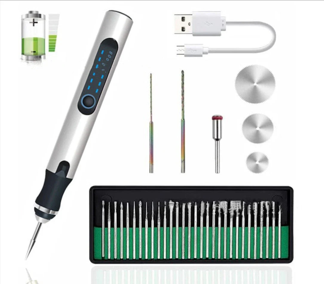 Adjustable speed electric engraving pen with rechargeable battery and multiple accessories