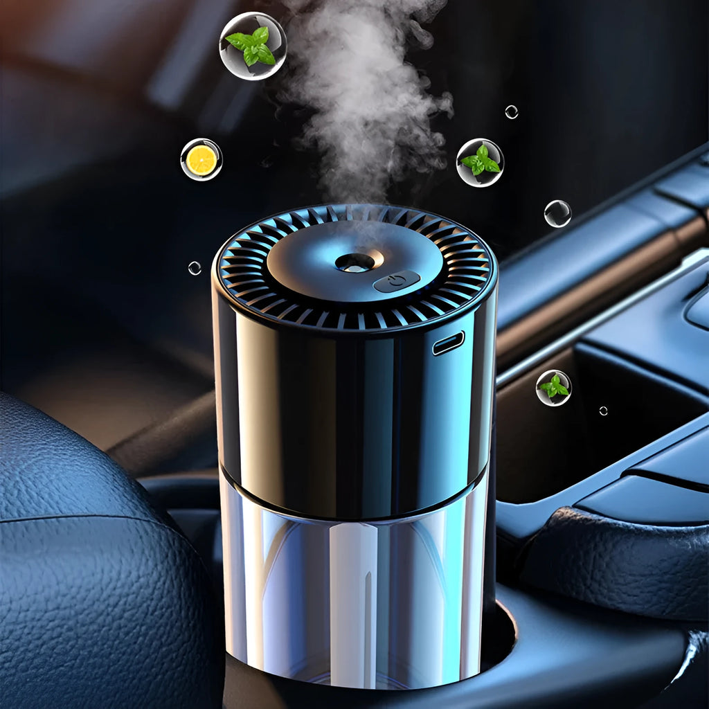 AI spray perfume humidifier with glass seat and USB plug, 12.7cm tall.
