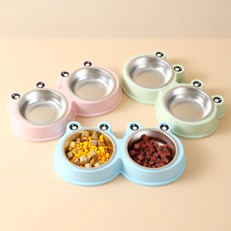 Blue stainless steel double pet bowl with frog design and non-slip base for cats and dogs