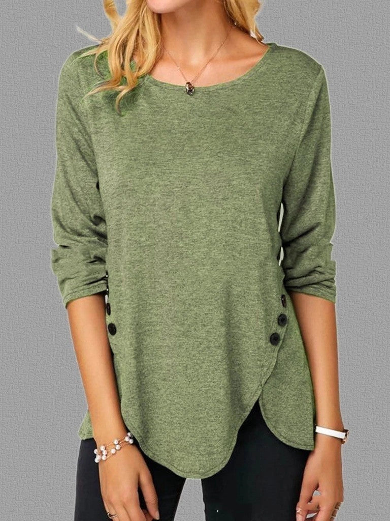 Irregular Button Hem Long Sleeved Round Neck Oversized Cotton T-shirt in black, green, and blue
