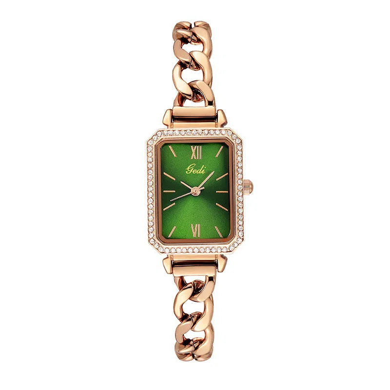 Rhinestone denim watch with square dial and small green watch face on stainless steel case