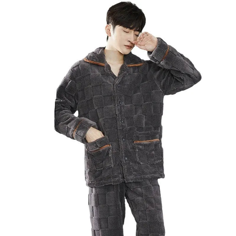 Mens flannel pyjama set with fleece lining, dark gray checkered jacquard pattern, loose fit loungewear