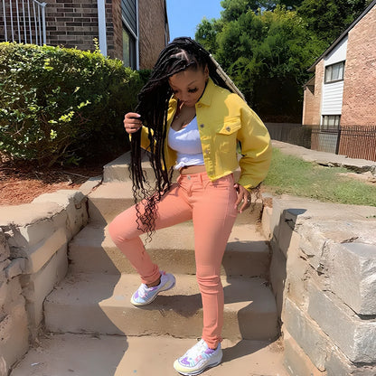 Orange cropped women's denim jacket with lapel collar, long sleeves 46cm, pockets, length 41cm, 0.35kg weight