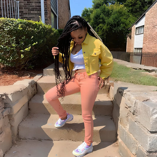 Orange cropped women's denim jacket with lapel collar, long sleeves 46cm, pockets, length 41cm, 0.35kg weight