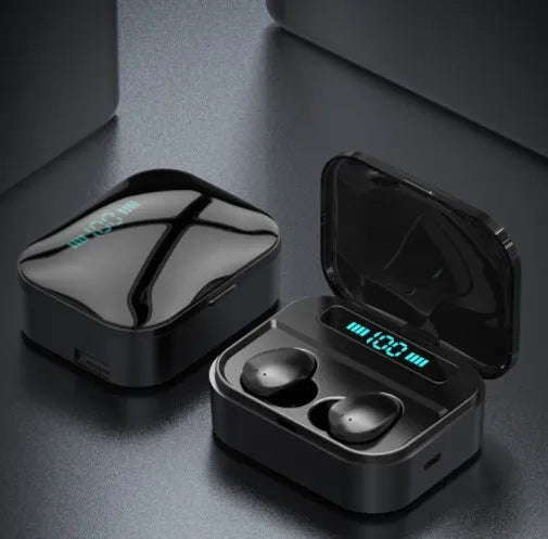 TWS Bluetooth earphones with 3600mAh charging case, 8mm drivers, waterproof, in black on white background