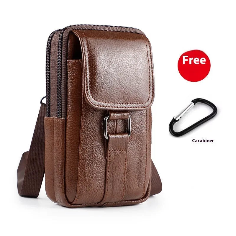 Men's black leather crossbody waist bag with a front lock closure shown in a vertical square shape.