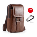 Men's black leather crossbody waist bag with a front lock closure shown in a vertical square shape.